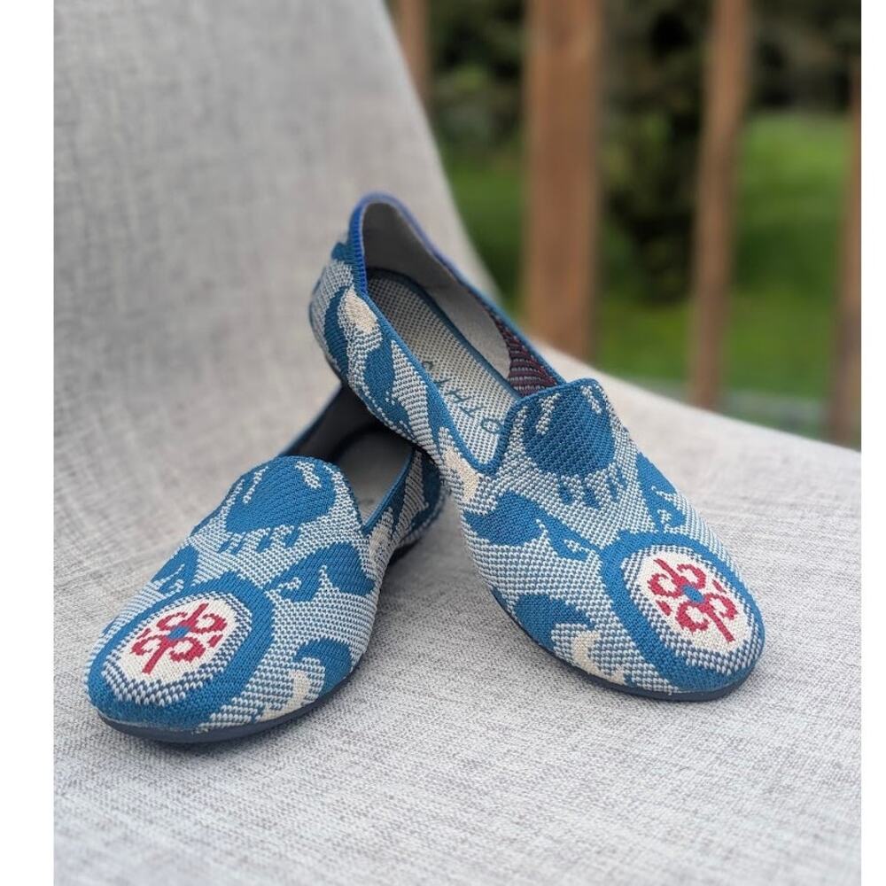 Rothy's Blue White Patterned Flats with Red Accents